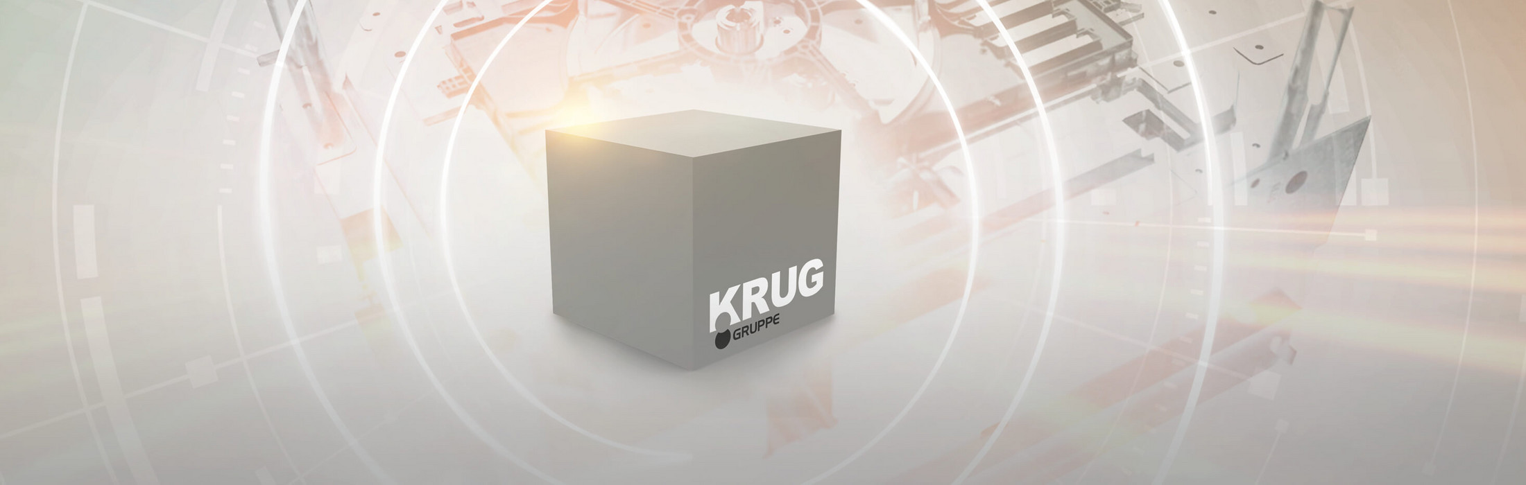 Ein animierter Würfel mit dem KRUG-Logo darauf.