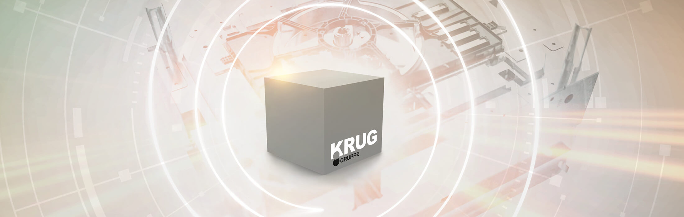 Das KRUG Logo auf einem Würfel, vor einem animierten Hintergrund, der eine Werkstückskizze zeigt.
