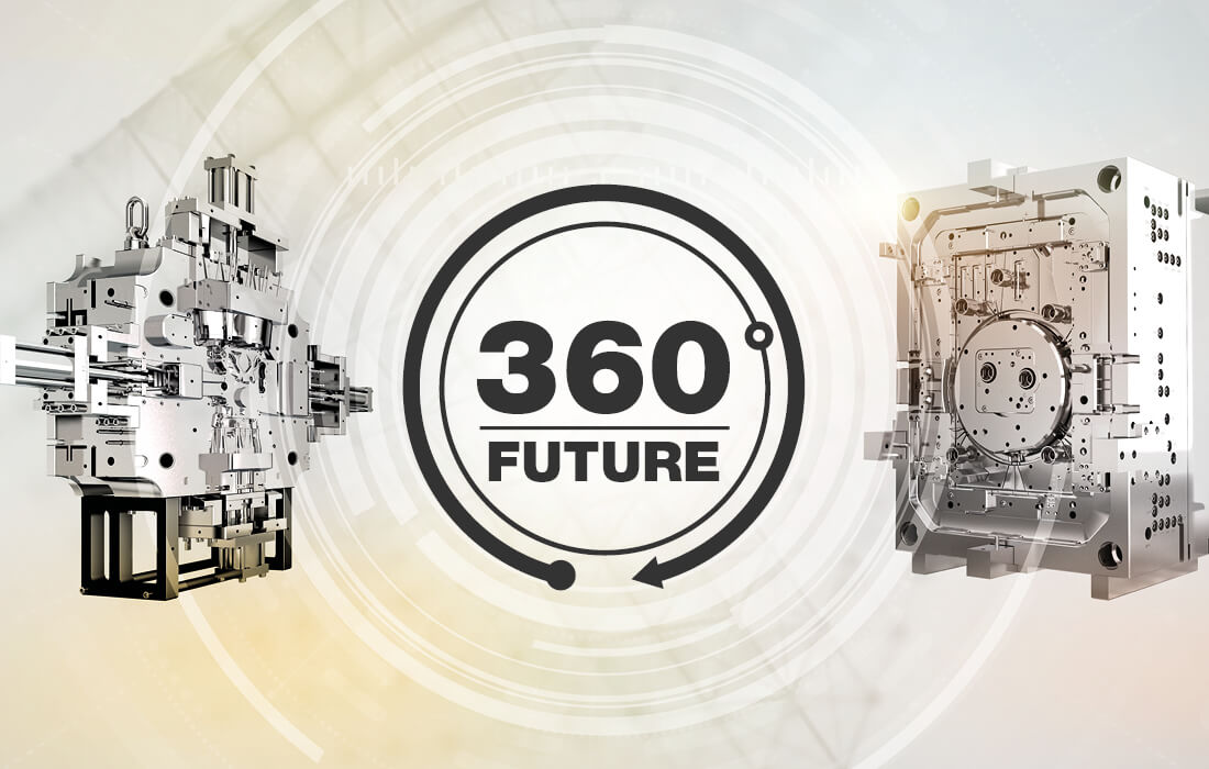 Das 360-Grad-Logo zwischen zwei Maschinenelementen aus dem Formenbau.