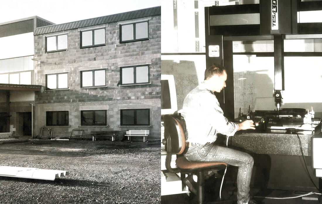 Collage mit einem alten Gebäude und einem KRUG-Mitarbeiter der an einem Arbeitstisch sitzt.