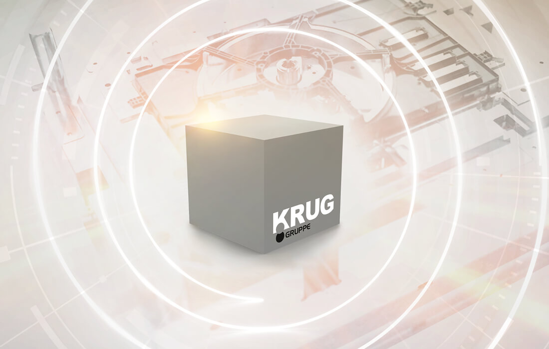 Ein animierter Würfel mit dem KRUG-Logo darauf.