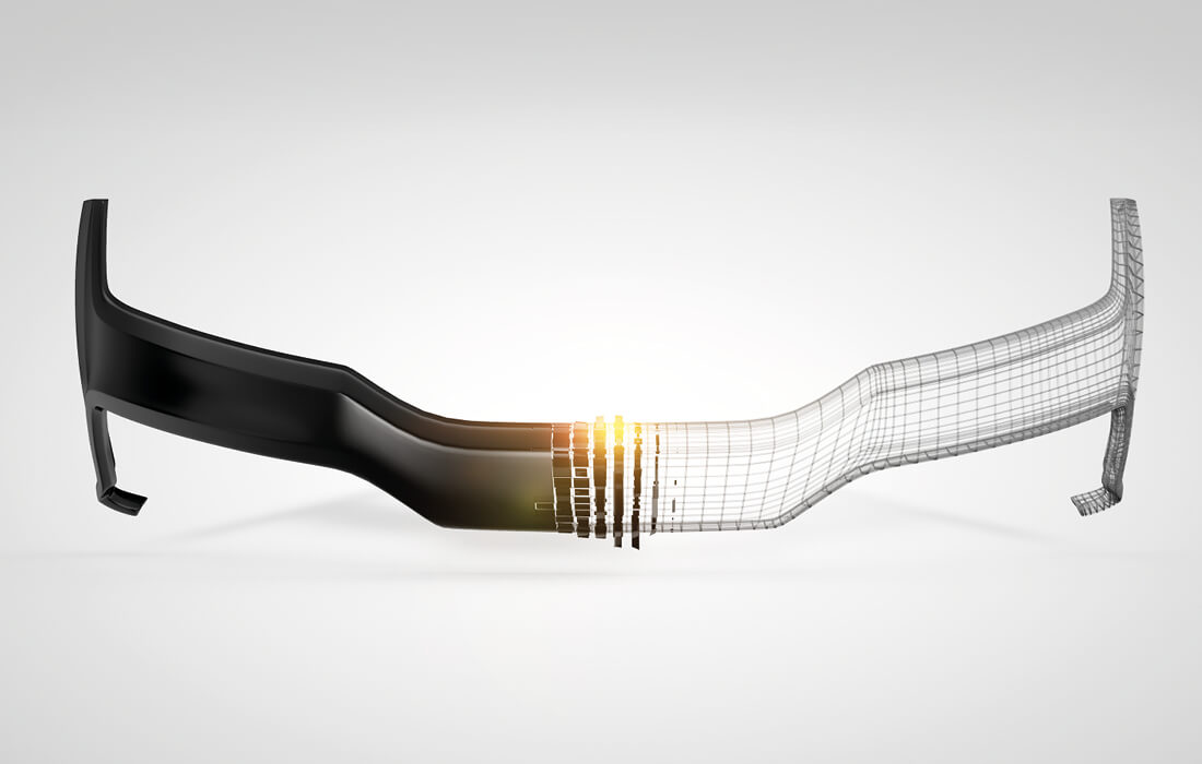 Animation eines Autoteils, das sich nach rechts in eine Gitterstrucktur auflöst.